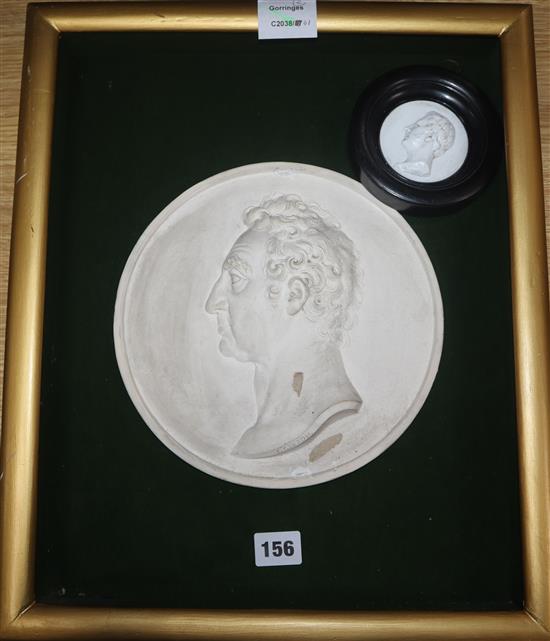 After John Henning. A glass paste portrait of Sir James Williams and John Gibson, a plaster portrait of a man in bas relief